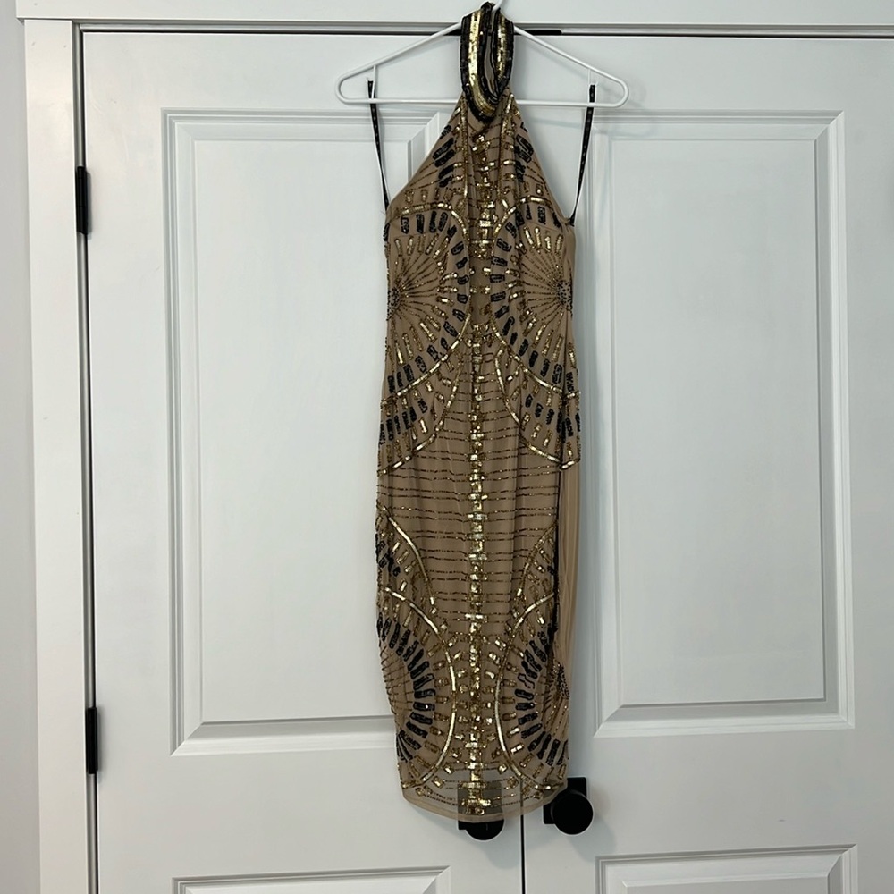 Mesh needed black and gold midi dress open back